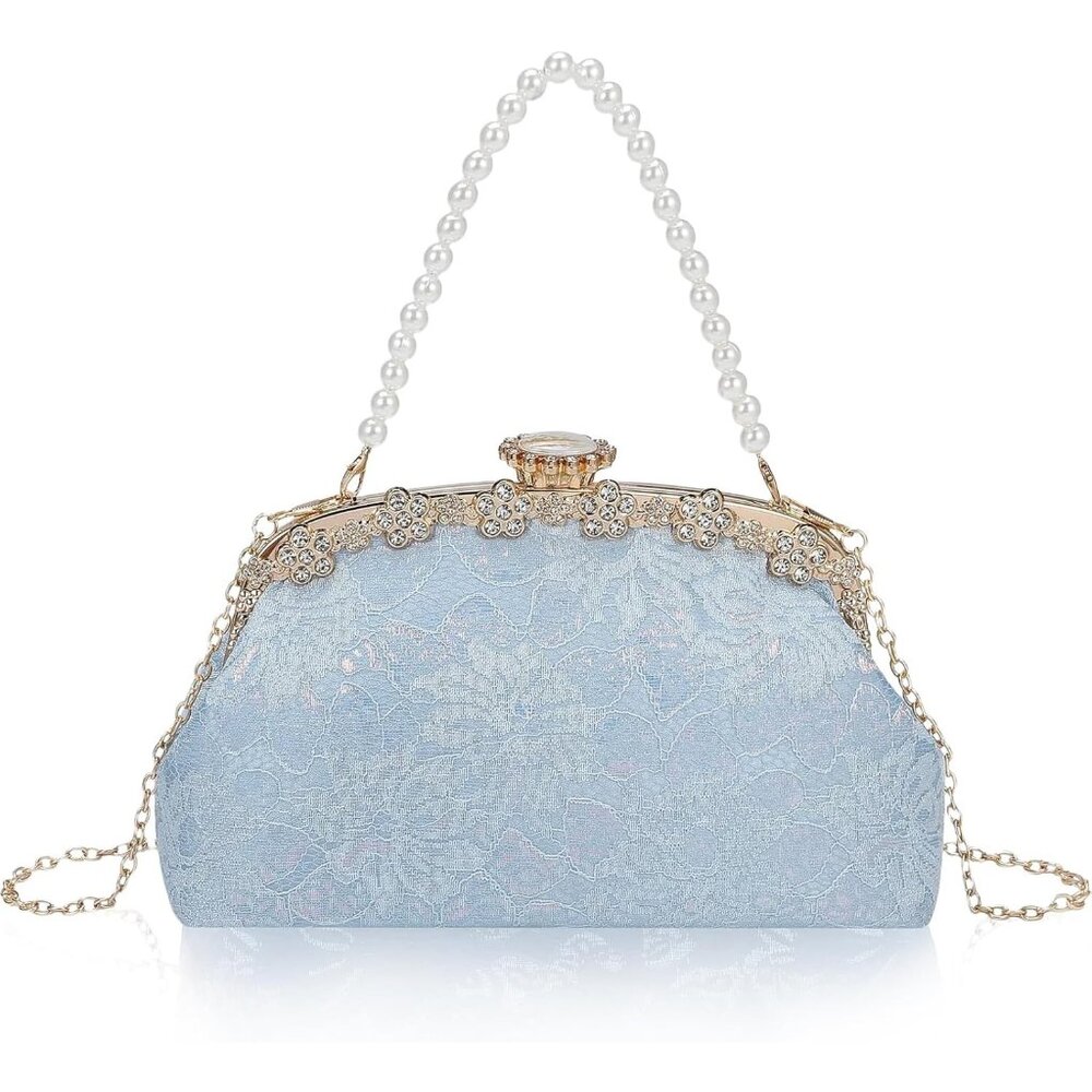 ⚡ Women's Light Blue Fabric Lace Pearl Chain Rhinestones Shoulder Clutch Bag